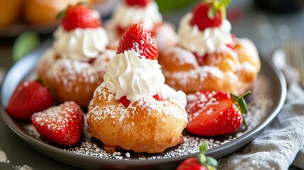 Obraz premium Delicious Strawberry Pastry with Whipped Cream and Powdered Sugar