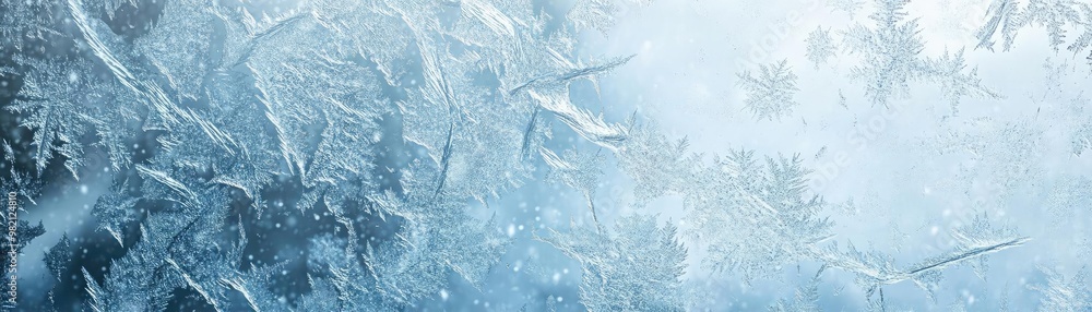 Poster a close-up view of delicate frost patterns covering a glass surface, creating a serene winter atmosp