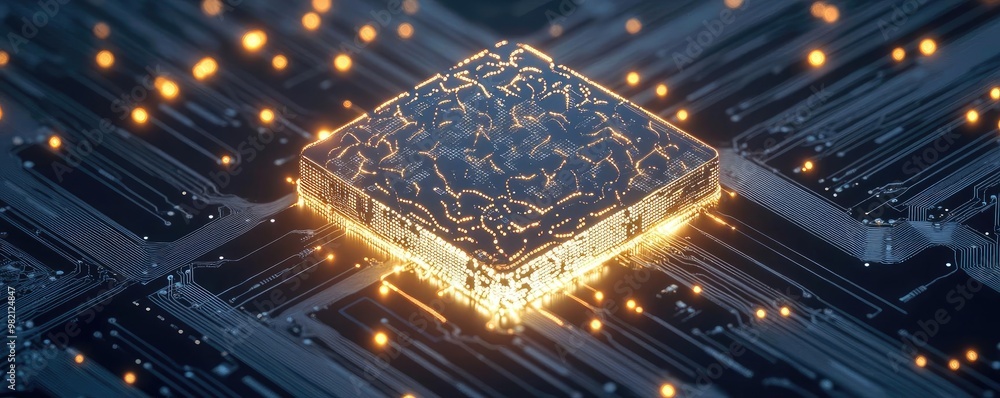 Poster a glowing microchip on a circuit board, representing advanced technology and innovation in electroni