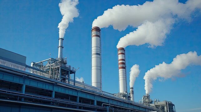 Industrial scene with CCS equipment capturing emissions from a power plant, pipelines directing CO2 underground, workers monitoring operations, blue sky
