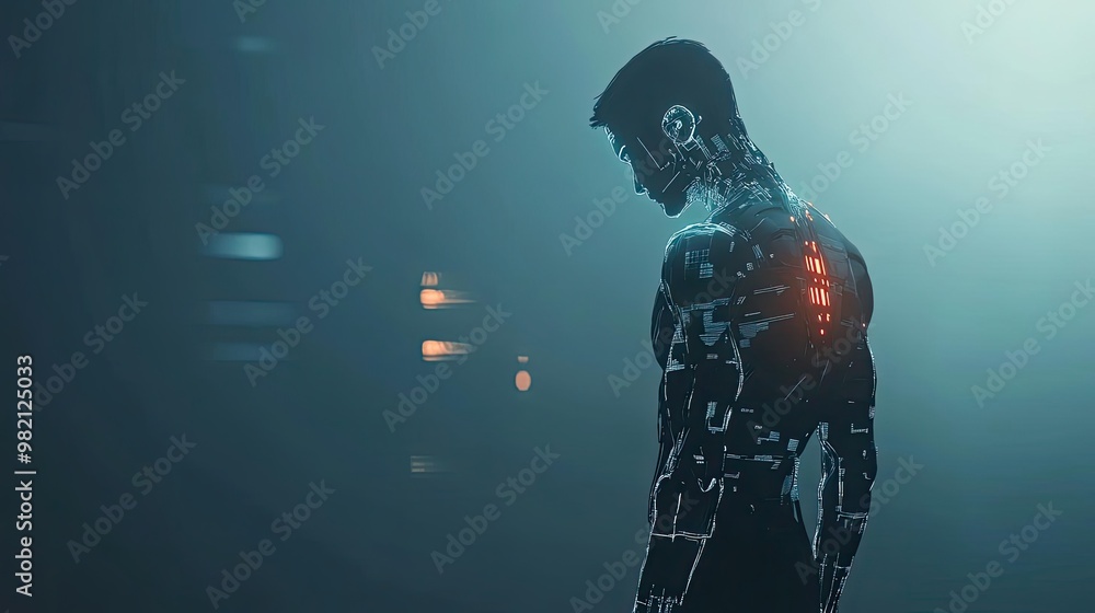 Poster a futuristic robot stands in a dimly lit environment, showcasing its intricate design and glowing fe