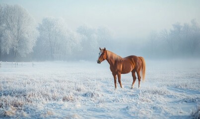 A horse is standing in a snowy field
