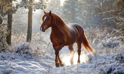 A brown horse is running through the snow in a forest