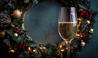 A glass of champagne is sitting in front of a wreath of Christmas decorations