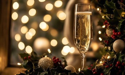 A glass of champagne is sitting on a Christmas wreath