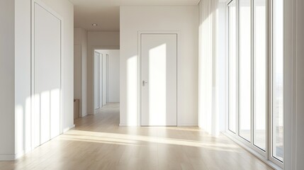 Interior of a modern apartment with a white door and large windows, featuring a light wood floor and minimalist furnishings, creating a serene environment