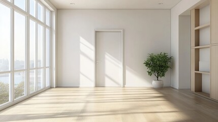 Obraz premium Interior of a modern apartment with a white door and large windows, featuring a light wood floor and minimalist furnishings, creating a serene environment