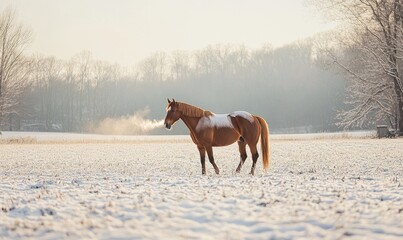 Obraz premium A horse is walking through a snowy field