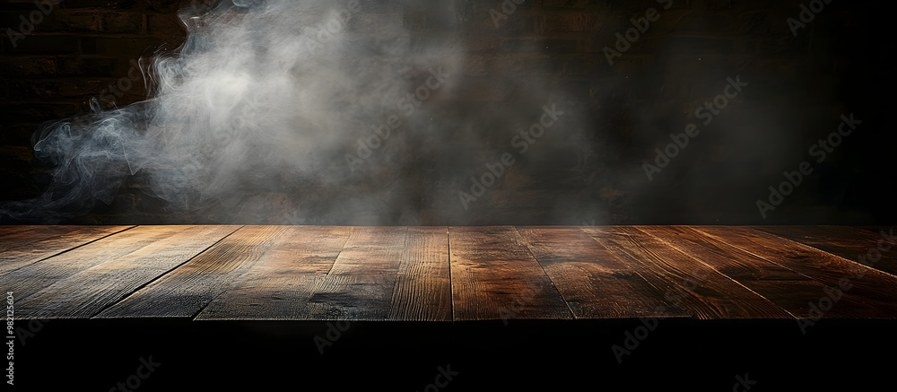 Poster a dark background enhances the visual appeal of an empty wooden table with smoke rising creating an 