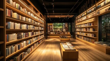 Obraz premium Interior of Tsutaya bookstore in Taoyuan City, rows of neatly arranged books on modern wooden shelves, soft lighting creating a warm and inviting atmosphere, quiet reading area