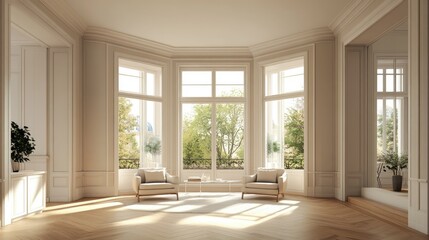 Fototapeta premium Interior space with a large bay window, wooden floors, and walls in soft neutral tones, creating a bright and airy environment for contemporary design
