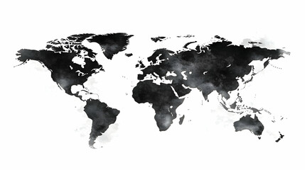Abstract Watercolor World Map Illustration in Black and White, Displaying the Continents with an Artistic Touch