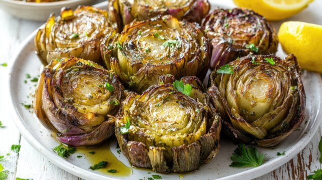 Italian carciofi alla romana on a white wooden background, garnished with fresh lemon, parsley, and drizzled in olive oil. Served with a spicy side sauce for a flavorful punch.