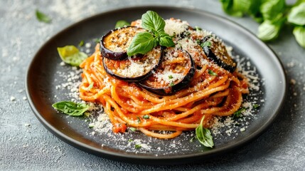 Italian Pasta alla Norma with eggplant slices, tomato sauce, and fresh basil, topped with cheese, served on a plate on a gray concrete background.