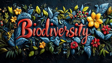 Colorful biodiversity lettering surrounded by vibrant foliage and flowers
