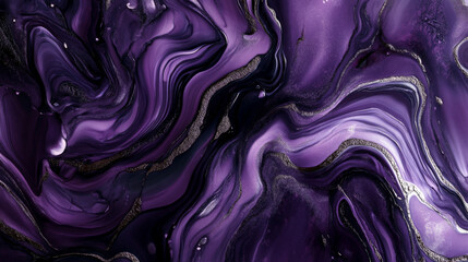 Obraz premium Deep purple liquid marble with smooth silver veins, creating a rich and elegant background with a sleek metallic finish.