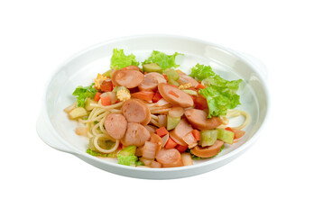spaghetti noodles with sausage and tomatoes sauce in plate isolated