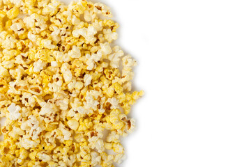 Salty popcorn on bright color background. Cinema and entertainment concept. Movie night with popcorn. Delicious appetizer, snack.Space for text, copy space. Banner