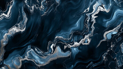 Realistic liquid marble in navy blue with flowing silver veins, creating a modern and luxurious texture with fluid movement.