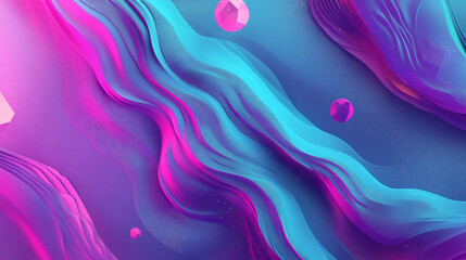 Dynamic liquid waves in bold gradient hues of turquoise and purple, blending smoothly with geometric patterns for a futuristic abstract design.