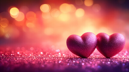 Two Pink Glitter Hearts Resting on a Sparkling Pink Background with Bokeh Lights