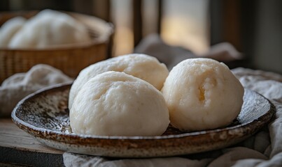 Fototapeta premium Three white dumplings are on a brown plate