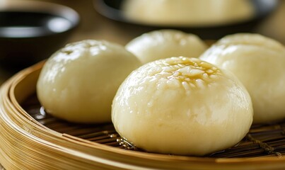 A group of four dumplings are sitting on a bamboo tray