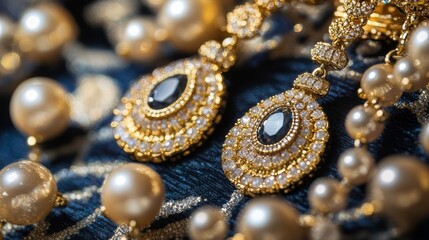 Gleaming Gold Earrings Close-Up on Opulent Background