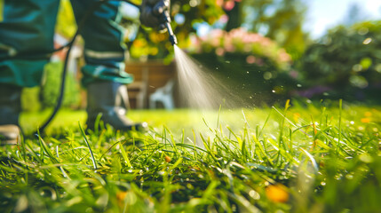 Worker spraying pesticide on a green lawn outdoors for pest control.