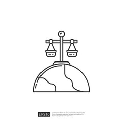 Global Justice. Line Art Icon of Scales of Justice Over World Globe