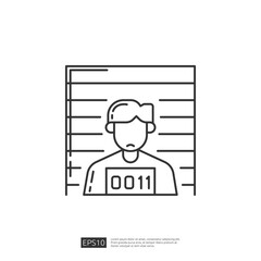 Line art icon of a mugshot, criminal, suspect, prisoner, police station, jail, arrest, crime, law, justice, court, police, detention, interrogation, investigation, suspect, evidence, criminal record