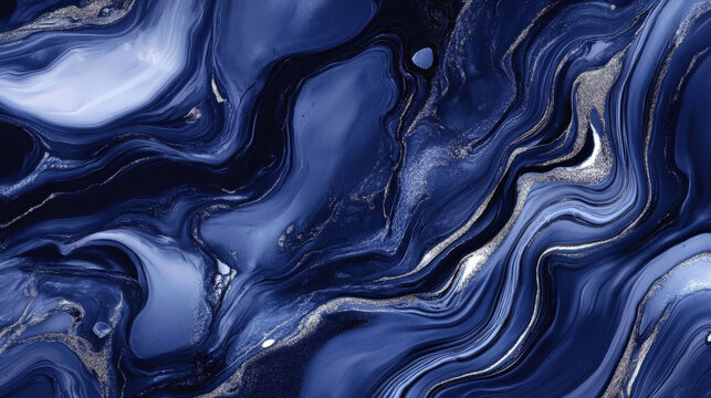 Realistic liquid marble in navy blue with flowing silver veins, creating a modern and luxurious texture with fluid movement.