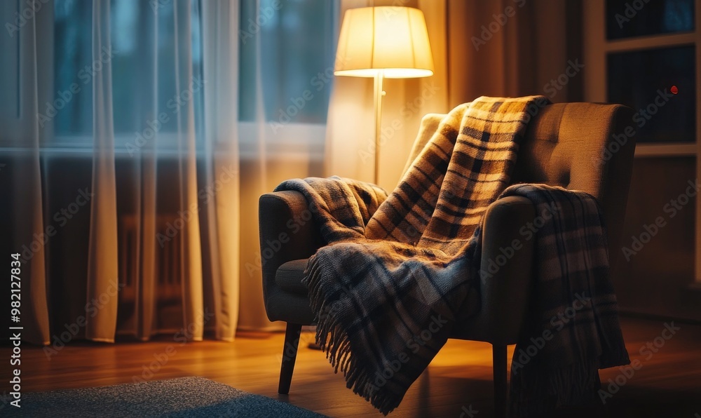 Aufkleber a chair with a blanket draped over it and a lamp in front of it