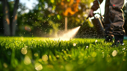 Worker spraying pesticide on a green lawn outdoors for pest control.