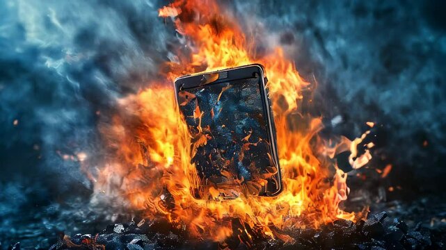 Exploding pager engulfed in flames, high-intensity