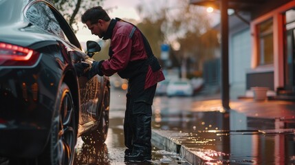 Man Washing Car on a Wet Day
