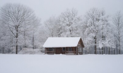 A small cabin is covered in snow and sits in a field