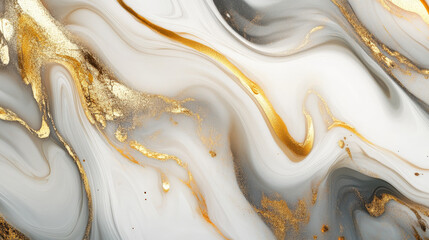 Fototapeta premium A luxurious white liquid marble with bold golden accents, swirling dynamically to create an elegant and timeless abstract pattern.