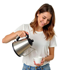 Beautiful young woman pouring hot water from modern electric kettle into mug on Isolated transparent background png. generated with AI