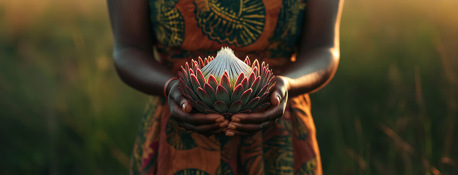 An African woman gently cradles a protea flower in her hands on a bright sunny day, in a celebration of life, nature and growth.