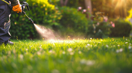 Worker spraying pesticide on a green lawn outdoors for pest control.