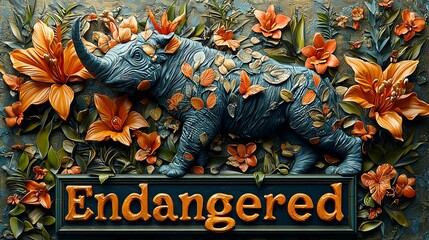 Endangered rhinoceros surrounded by vibrant flowers and leaves
