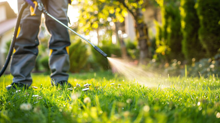 Worker spraying pesticide on a green lawn outdoors for pest control.