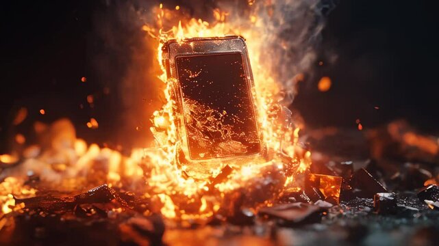 Exploding pager engulfed in flames, high-intensity