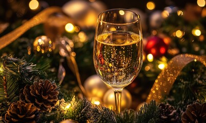 A glass of champagne is sitting on a Christmas wreath