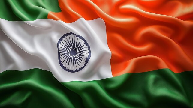 The Indian flag waving in a breeze, showcasing its vibrant orange, white, and green stripes with the Ashoka Chakra, symbolizing national unity, freedom, and pride