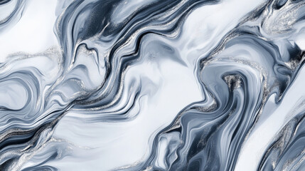 Realistic liquid marble in soft grey with bold silver accents, flowing across the surface, creating a high-end, modern abstract background.