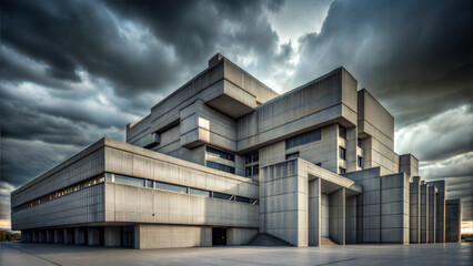 Obraz premium Futuristic concrete building with dramatic skies in contemporary architecture, monolithic and imposing structure