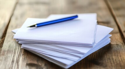 A stack of unopened white envelopes with a blue pen on top, arranged neatly on a wooden table.