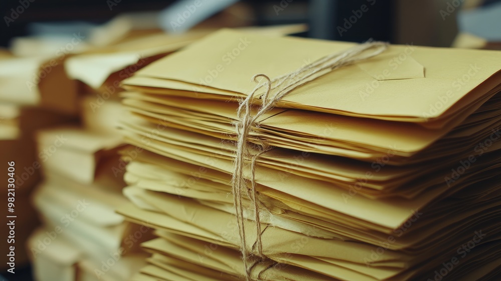 Poster a stack of yellow interoffice envelopes tied with string, evoking a retro office environment